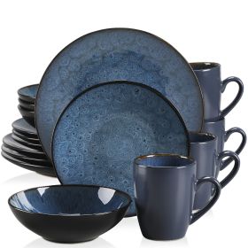 VANCASSO BUBBLE 16/32/48-Piece Tableware Set Vintage Ceramic Blue/Brown Stoneware Set with Dinner&Dessert Plate,Bowl,Coffee Cups (Color: Blue-16-Piece)