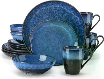 12 Pieces Green Dinnerware Set, Reactive Change Glaze Dinner Set, Plates and Bowls Set (Color: Starry-Blue-16)