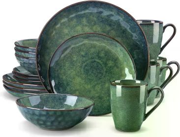 12 Pieces Green Dinnerware Set, Reactive Change Glaze Dinner Set, Plates and Bowls Set (Color: Starry-Green-16)