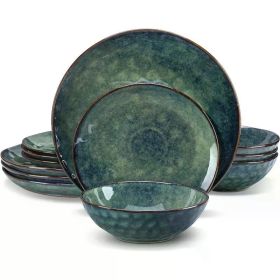 12 Pieces Green Dinnerware Set, Reactive Change Glaze Dinner Set, Plates and Bowls Set (Color: Starry-Green-12)