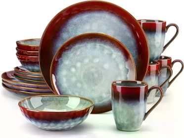 12 Pieces Green Dinnerware Set, Reactive Change Glaze Dinner Set, Plates and Bowls Set (Color: Starry-Red-16)