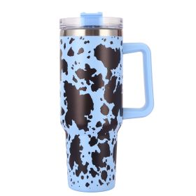 40oz 5D cowprint Insulated Tumbler With Handle And Straw Lid Portable Large Capacity water bottle, Heat preservation (Color: Sky Blue cow print)